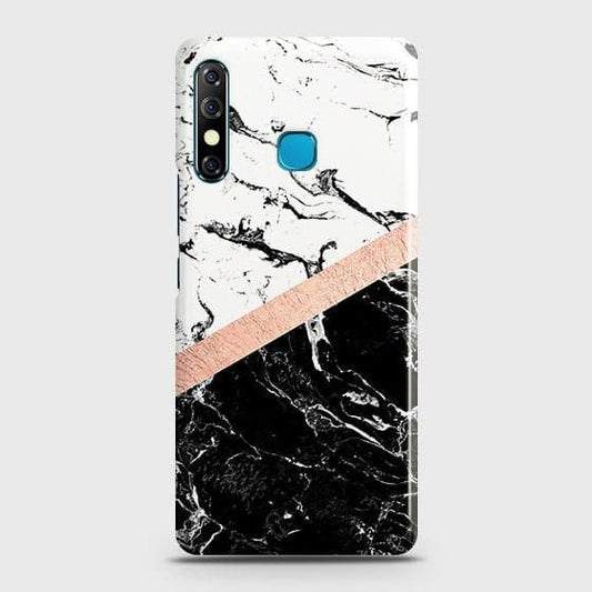Tecno Camon 12 Cover - Black & White Marble With Chic RoseGold Strip Case with Life Time Colors Guarantee
