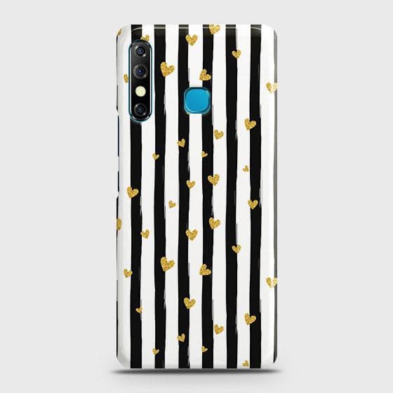 Tecno Camon 12 Cover - Trendy Black & White Lining With Golden Hearts Printed Hard Case with Life Time Colors Guarantee