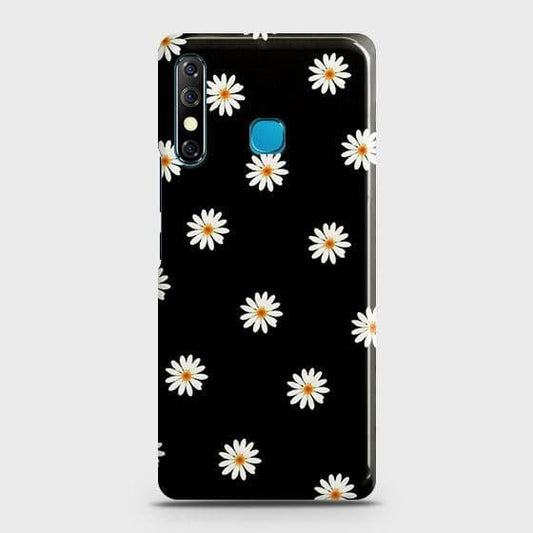 Tecno Camon 12 Cover - Matte Finish - White Bloom Flowers with Black Background Printed Hard Case with Life Time Colors Guarantee