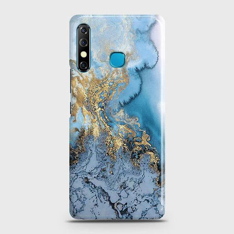 Tecno Spark 4 Cover - Trendy Golden & Blue Ocean Marble Printed Hard Case with Life Time Colors Guarantee