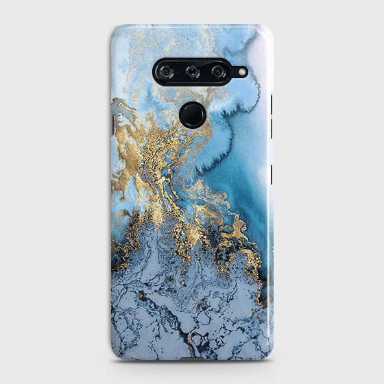 LG V40 ThinQ - Trendy Golden & Blue Ocean Marble Printed Hard Case with Life Time Colors Guarantee