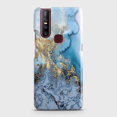 Vivo V15 Cover - Trendy Golden & Blue Ocean Marble Printed Hard Case with Life Time Colors Guarantee