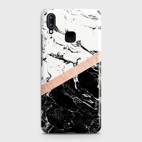 Vivo V11i Cover - Black & White Marble With Chic RoseGold Strip Case with Life Time Colors Guarantee