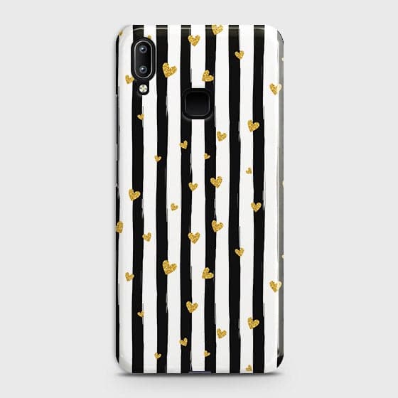 Vivo V11i Cover - Trendy Black & White Lining With Golden Hearts Printed Hard Case with Life Time Colors Guarantee