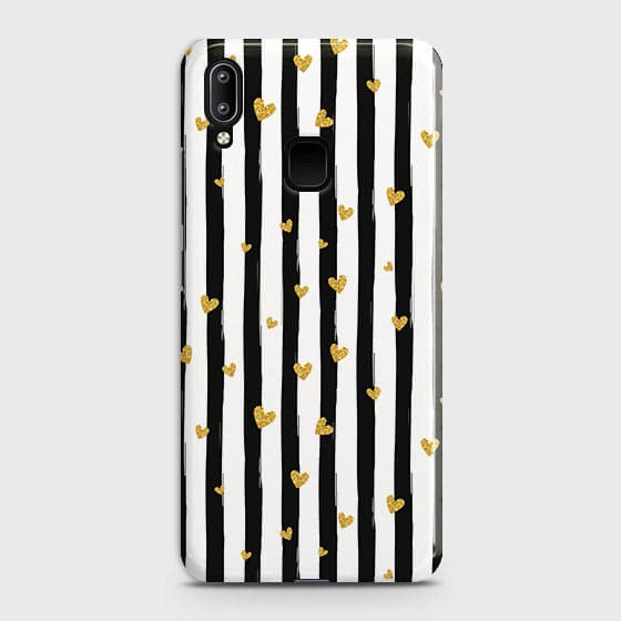 Vivo Y95 Cover - Trendy Black & White Lining With Golden Hearts Printed Hard Case with Life Time Colors Guarantee