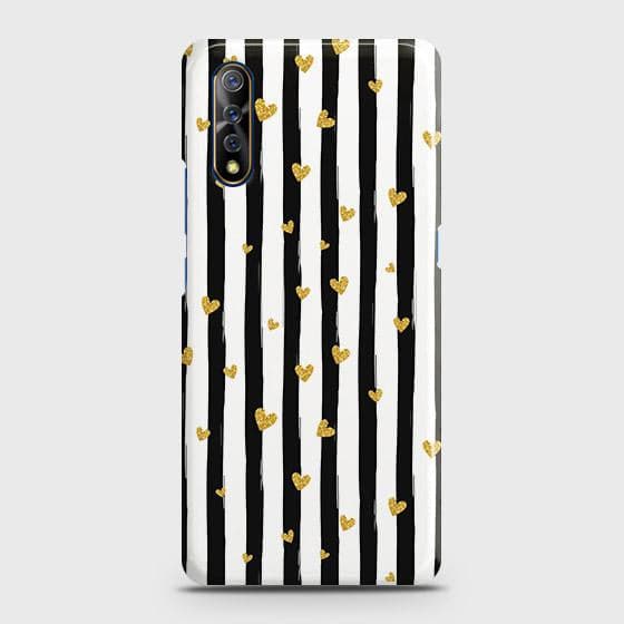 Vivo S1 Cover - Trendy Black & White Lining With Golden Hearts Printed Hard Case with Life Time Colors Guarantee B76