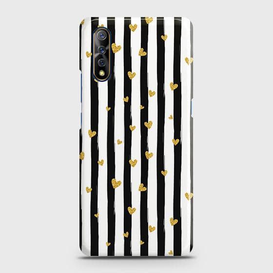 Vivo S1 Cover - Trendy Black & White Lining With Golden Hearts Printed Hard Case with Life Time Colors Guarantee ( Fast Delivery )