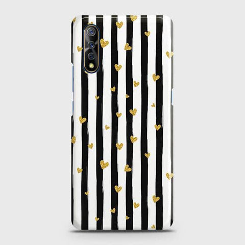 Vivo S1 Cover - Trendy Black & White Lining With Golden Hearts Printed Hard Case with Life Time Colors Guarantee ( Fast Delivery )