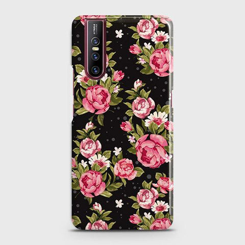 Vivo V15 Pro Cover - Trendy Pink Rose Vintage Flowers Printed Hard Case with Life Time Colors Guarantee