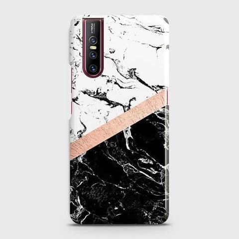 Vivo V15 Pro Cover - Black & White Marble With Chic RoseGold Strip Case with Life Time Colors Guarantee