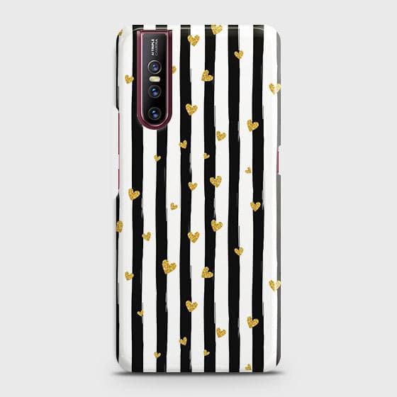 Vivo V15 Pro Cover - Trendy Black & White Lining With Golden Hearts Printed Hard Case with Life Time Colors Guarantee