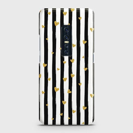 Vivo V17 Pro Cover - Trendy Black & White Lining With Golden Hearts Printed Hard Case with Life Time Colors Guarantee