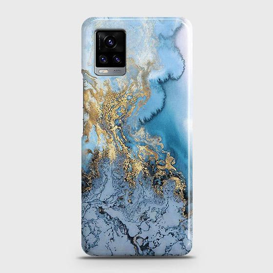 Vivo V20 Cover - Trendy Golden & Blue Ocean Marble Printed Hard Case with Life Time Colors Guarantee