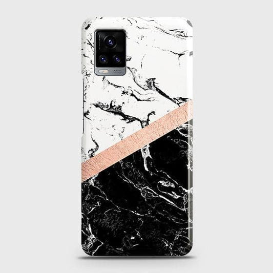 Vivo V20 Cover - Black & White Marble With Chic RoseGold Strip Case with Life Time Colors GuaranteeB(51)
