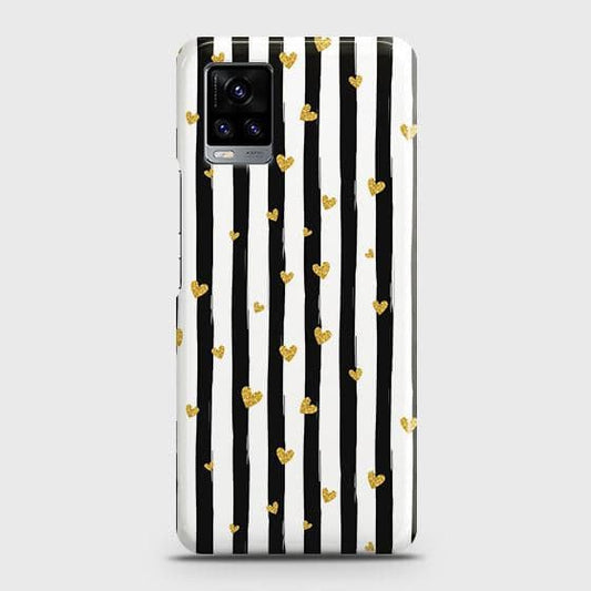 Vivo V20 Cover - Trendy Black & White Lining With Golden Hearts Printed Hard Case with Life Time Colors Guarantee