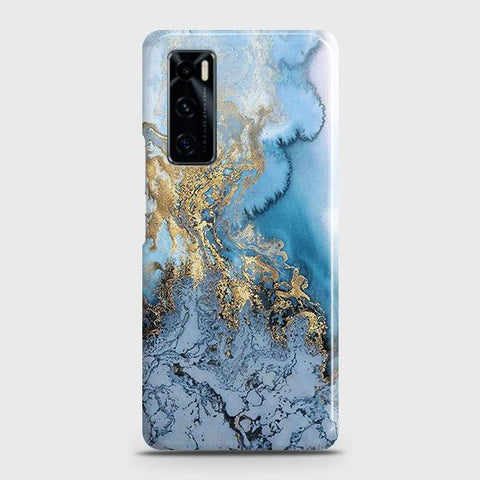 Vivo V20 SE Cover - Trendy Golden & Blue Ocean Marble Printed Hard Case with Life Time Colors Guarantee