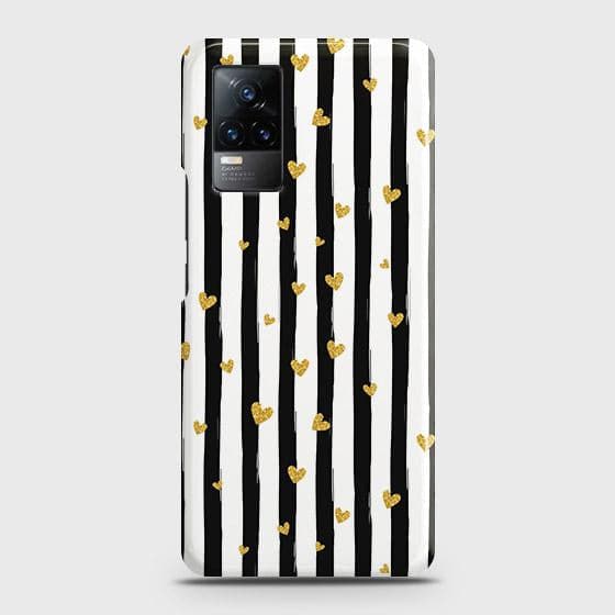 Vivo V21e Cover - Trendy Black & White Lining With Golden Hearts Printed Hard Case with Life Time Colors Guarantee ( Fast Delivery )