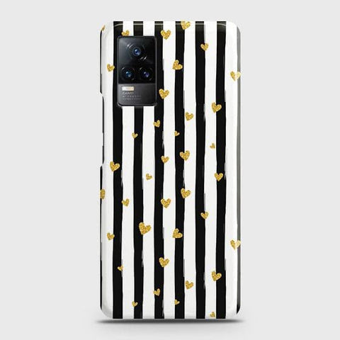 Vivo V21e Cover - Trendy Black & White Lining With Golden Hearts Printed Hard Case with Life Time Colors Guarantee ( Fast Delivery )