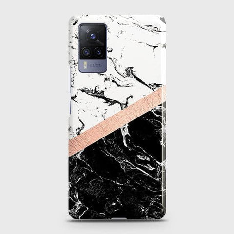 Vivo X60 Pro Cover - Black & White Marble With Chic RoseGold Strip Case with Life Time Colors Guarantee