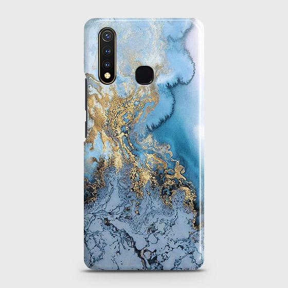 Vivo Y19 Cover - Trendy Golden & Blue Ocean Marble Printed Hard Case with Life Time Colors Guarantee