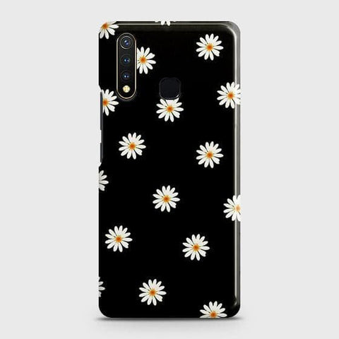 Vivo Y19 Cover - Matte Finish - White Bloom Flowers with Black Background Printed Hard Case with Life Time Colors Guarantee