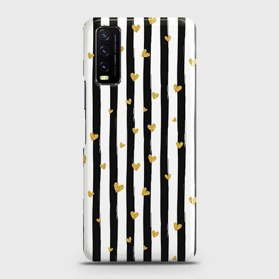 Vivo Y20s Cover - Trendy Black & White Lining With Golden Hearts Printed Hard Case with Life Time Colors Guarantee