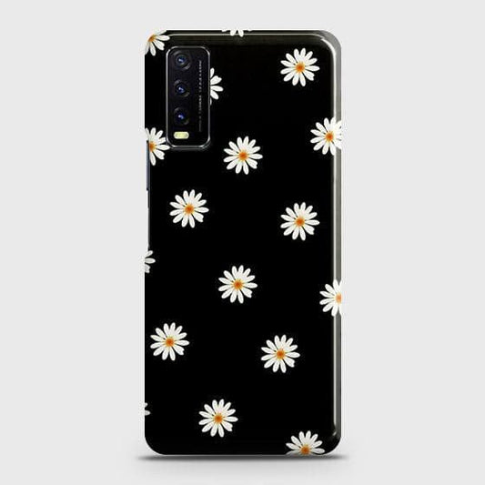 Vivo Y20s Cover - Matte Finish - White Bloom Flowers with Black Background Printed Hard Case with Life Time Colors Guarantee