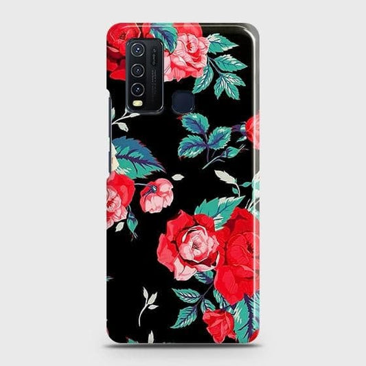 Vivo Y30 Cover - Luxury Vintage Red Flowers Printed Hard Case with Life Time Colors Guarantee