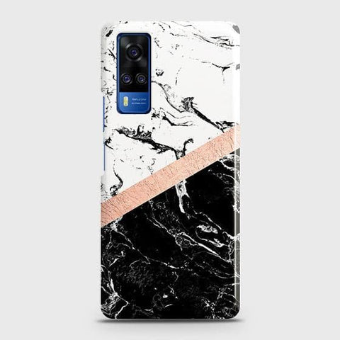 Vivo Y51 2020 Cover - Black & White Marble With Chic RoseGold Strip Case with Life Time Colors Guarantee