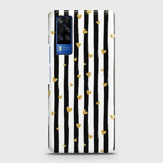 Vivo Y51s Cover - Trendy Black & White Lining With Golden Hearts Printed Hard Case with Life Time Colors Guarantee