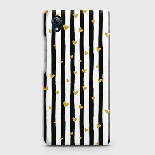 Vivo Y90 Cover - Trendy Black & White Lining With Golden Hearts Printed Hard Case with Life Time Colors Guarantee