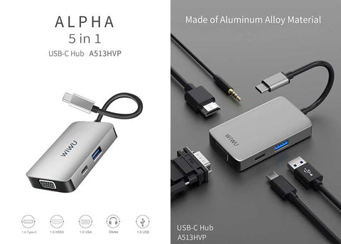 WIWU A513HVP Alpha 5 IN 1 Type C To USB 3.0 +VGA+HD+Stereo TYPE-C Converter Multifunctional USB HUB Adapter