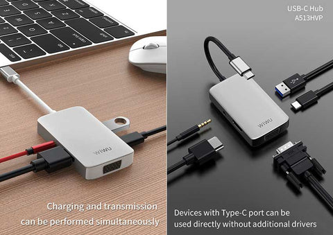 WIWU A513HVP Alpha 5 IN 1 Type C To USB 3.0 +VGA+HD+Stereo TYPE-C Converter Multifunctional USB HUB Adapter