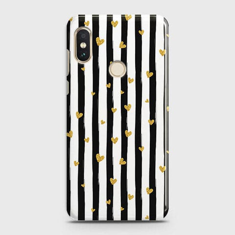 Xiaomi Mi A2 / Mi 6X Cover - Trendy Black & White Lining With Golden Hearts Printed Hard Case with Life Time Colors Guarantee