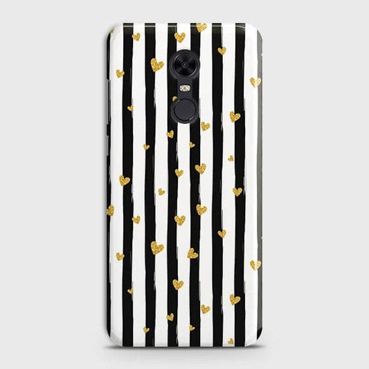 Xiaomi Redmi 5 Cover - Trendy Black & White Lining With Golden Hearts Printed Hard Case with Life Time Colors Guarantee