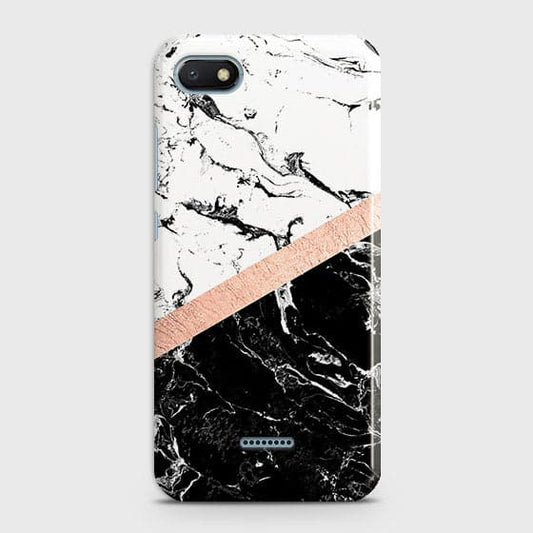 Xiaomi Redmi 6A Cover - Black & White Marble With Chic RoseGold Strip Case with Life Time Colors Guarantee