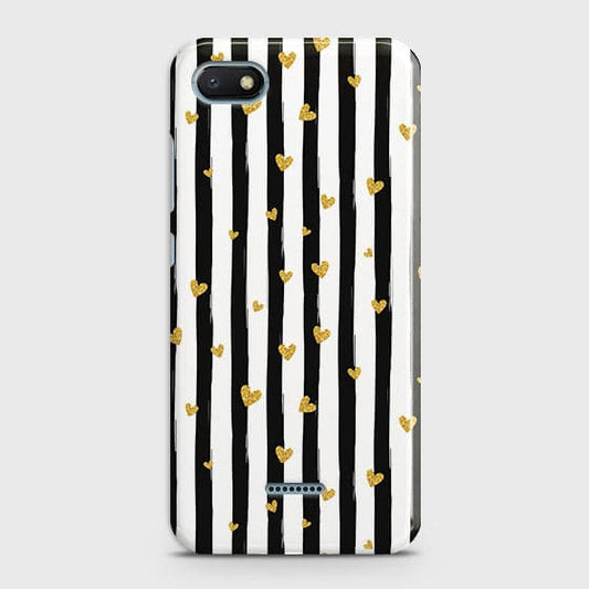 Xiaomi Redmi 6A Cover - Trendy Black & White Lining With Golden Hearts Printed Hard Case with Life Time Colors Guarantee