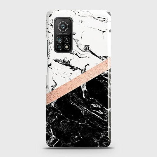 Xiaomi Mi 10T Cover - Black & White Marble With Chic RoseGold Strip Case with Life Time Colors Guarantee