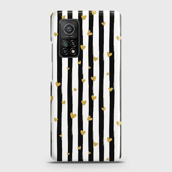 Xiaomi Mi 10T Cover - Trendy Black & White Lining With Golden Hearts Printed Hard Case with Life Time Colors Guarantee