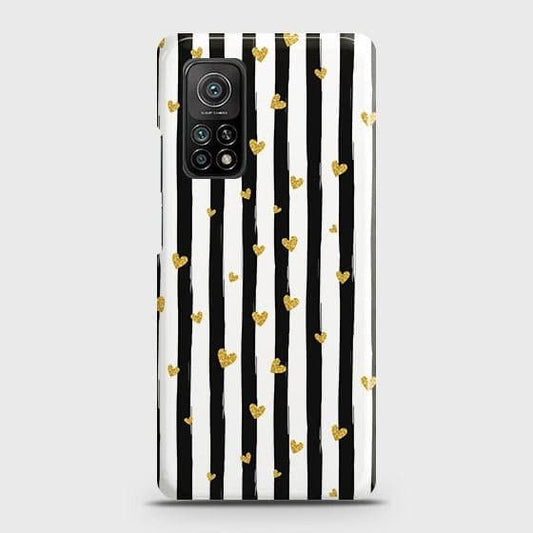 Xiaomi Mi 10T Cover - Trendy Black & White Lining With Golden Hearts Printed Hard Case with Life Time Colors Guarantee