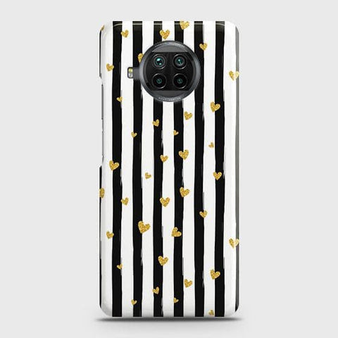 Xiaomi Mi 10T Lite Cover - Trendy Black & White Lining With Golden Hearts Printed Hard Case with Life Time Colors Guarantee