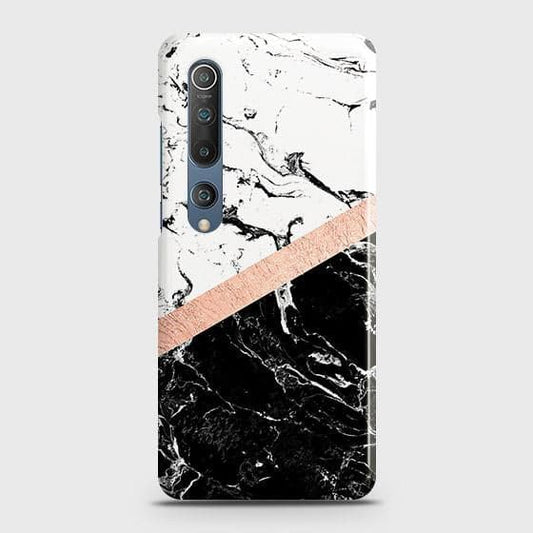 Xiaomi Mi 10 Cover - Black & White Marble With Chic RoseGold Strip Case with Life Time Colors Guarantee