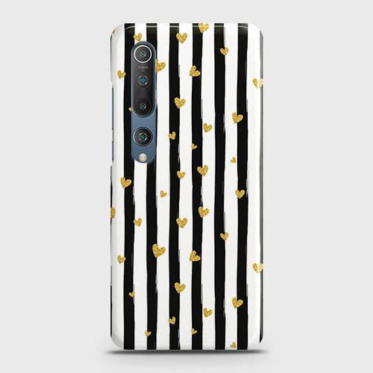 Xiaomi Mi 10 Cover - Trendy Black & White Lining With Golden Hearts Printed Hard Case with Life Time Colors Guarantee