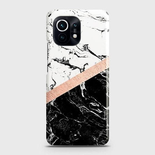 Xiaomi Mi 11 Cover - Black & White Marble With Chic RoseGold Strip Case with Life Time Colors Guarantee