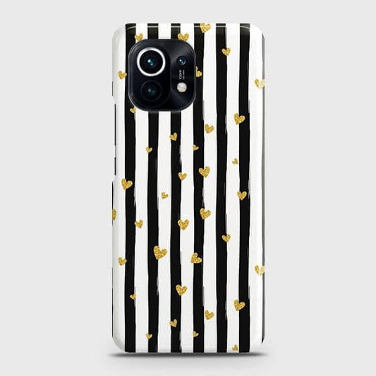 Xiaomi Mi 11 Cover - Trendy Black & White Lining With Golden Hearts Printed Hard Case with Life Time Colors Guarantee