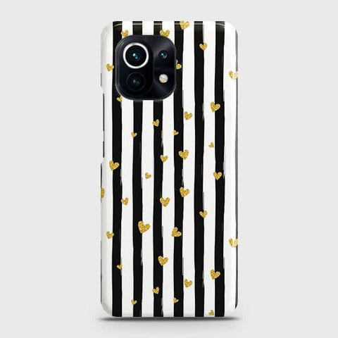 Xiaomi Mi 11 Lite Cover - Trendy Black & White Lining With Golden Hearts Printed Hard Case with Life Time Colors Guarantee