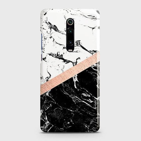Xiaomi Mi 9T Cover - Black & White Marble With Chic RoseGold Strip Case with Life Time Colors Guarantee