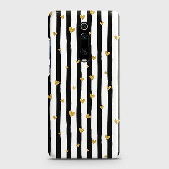 Xiaomi Mi 9T Cover - Trendy Black & White Lining With Golden Hearts Printed Hard Case with Life Time Colors Guarantee