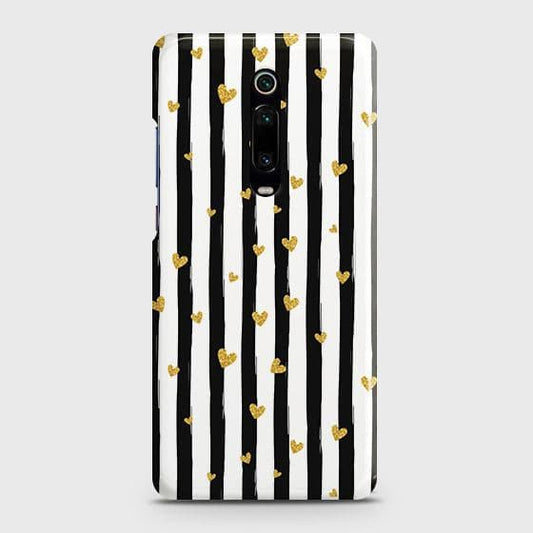 Xiaomi Mi 9T Cover - Trendy Black & White Lining With Golden Hearts Printed Hard Case with Life Time Colors Guarantee