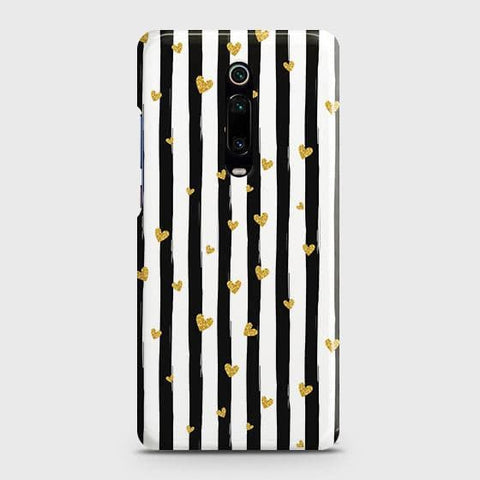 Xiaomi Mi 9T Cover - Trendy Black & White Lining With Golden Hearts Printed Hard Case with Life Time Colors Guarantee